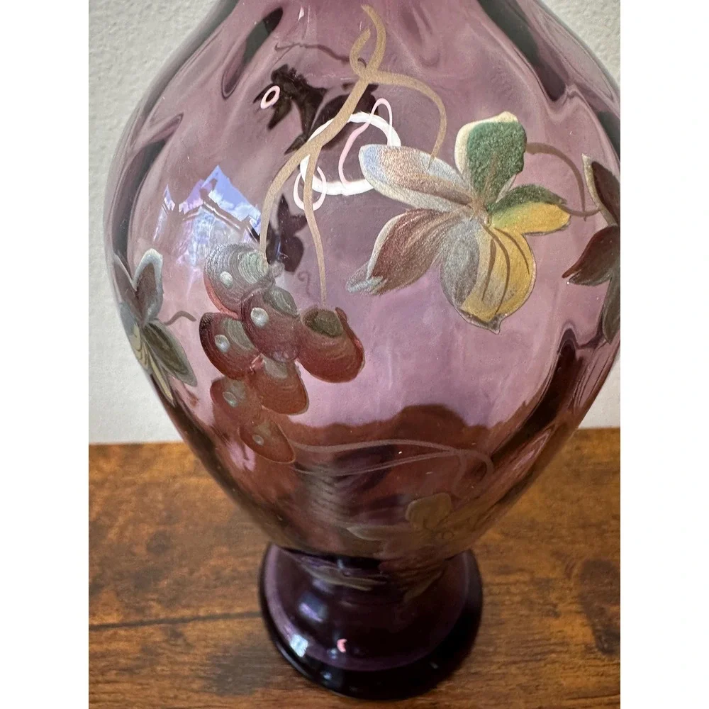 Hand Painted Amethyst Purple Glass Vase Signed by C Smith Ruffled Rim Floral